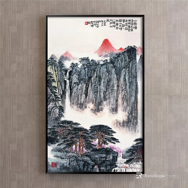 Traditional Chinese Landscape Painting With Red Peaks Pine Trees And Misty Clouds 3d model 