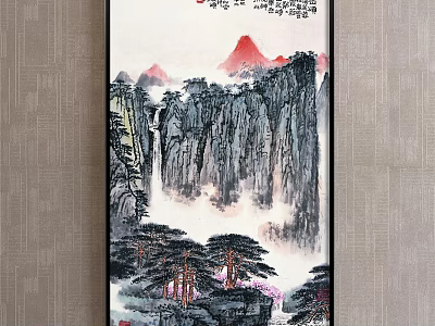 Traditional Chinese Landscape Painting With Red Peaks Pine Trees And Misty Clouds 3d model