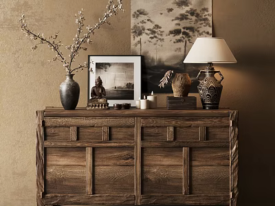 Natural Wooden Entryway Console Table With Vase Table Lamp Buddha Statue Photo Frame Decorations 3d model