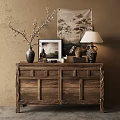 Natural Wooden Entryway Console Table With Vase Table Lamp Buddha Statue Photo Frame Decorations
