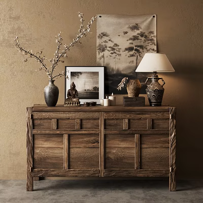 Natural Wooden Entryway Console Table With Vase Table Lamp Buddha Statue Photo Frame Decorations 3d model