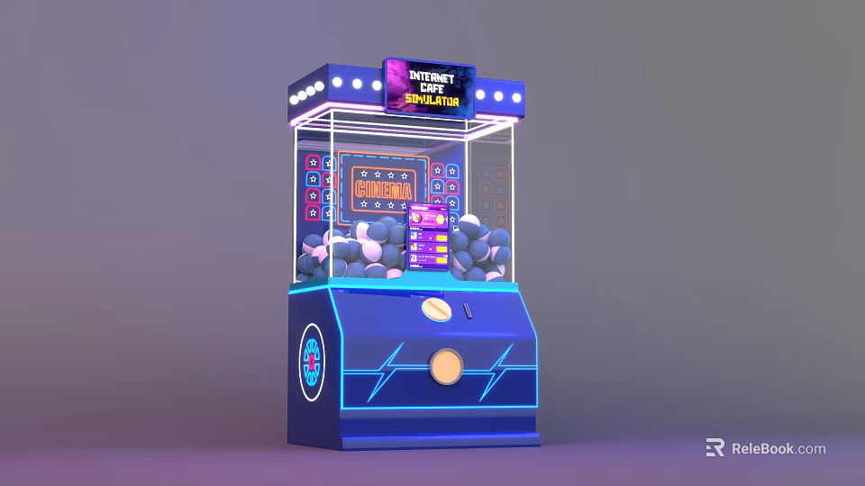 Blue Neon Claw Machine Arcade Game With Plush Toys And Coin Operated Design 3d model 
