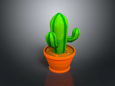 Vibrant Green Cactus Plant in Orange Pot with Soil on Gray Surface 3d model