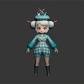 Cute Cartoon 3D Game Character With Pink Hair Blue Hat Diamond Pattern Outfit And Staff