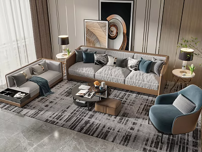 Modern Elegant Sofa Coffee Table Set With Decorative Cushions Side Tables And Wall Art 3d model