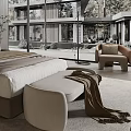 Modern Bedroom Interior With Wooden Wall Large Bed Floor To Ceiling Windows And Table Lamp