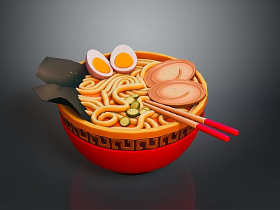 Delicious Ramen In Red Patterned Bowl With Noodles Eggs Meat And Vegetables 3d model