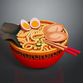 Delicious Ramen In Red Patterned Bowl With Noodles Eggs Meat And Vegetables