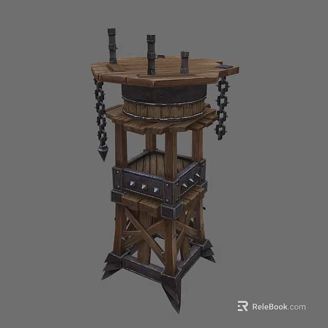 Wooden Medieval Tower With Layered Structure Metal Chains And Spiked Base 3d model