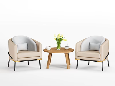 Light Sofa and Coffee Table Set with Upholstered Armchairs Wooden Round Table Yellow Flowers Vase 3d model