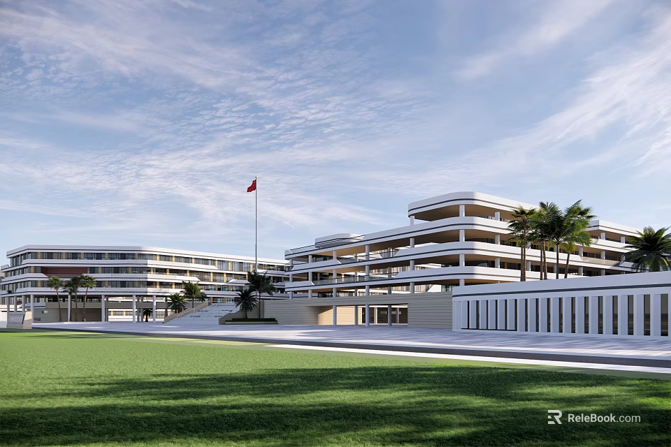 Modern School Building with Green Lawn Red Flag and Palm Trees Multi Storey Structure 3d model 