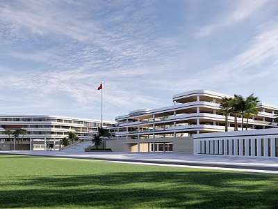 Modern School Building with Green Lawn Red Flag and Palm Trees Multi Storey Structure 3d model