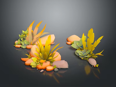 3D Rendered Plants with Yellow and Green Leaves Surrounded by Orange and Gray Stones 3d model