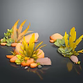 3D Rendered Plants with Yellow and Green Leaves Surrounded by Orange and Gray Stones