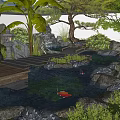 Serene Water Fountain with Rocks Wooden Deck Stone Lantern Pine Palm Trees and Water Lilies