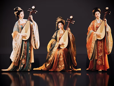 Game And Movie Female Characters In Ancient Chinese Style With Elegant Traditional Costumes Playing Pipa 3d model