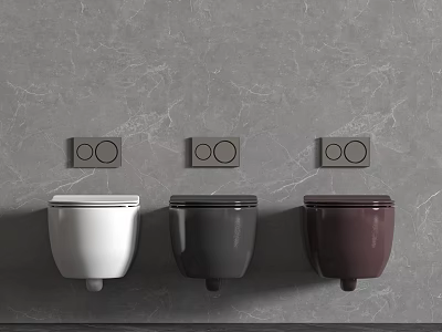 Wall Mounted White Gray Maroon Toilets on Gray Marble Wall with Flush Panels 3d model