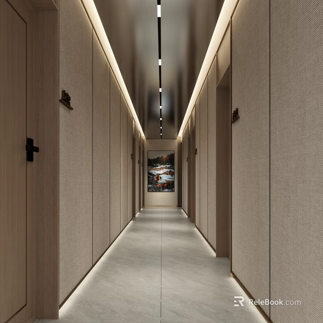 Modern Office Corridor with Neutral Walls Linear Lights and Decorative Painting 3d model 