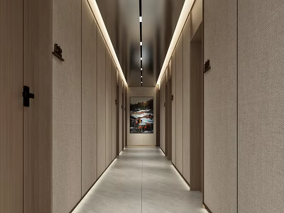Modern Office Corridor with Neutral Walls Linear Lights and Decorative Painting 3d model
