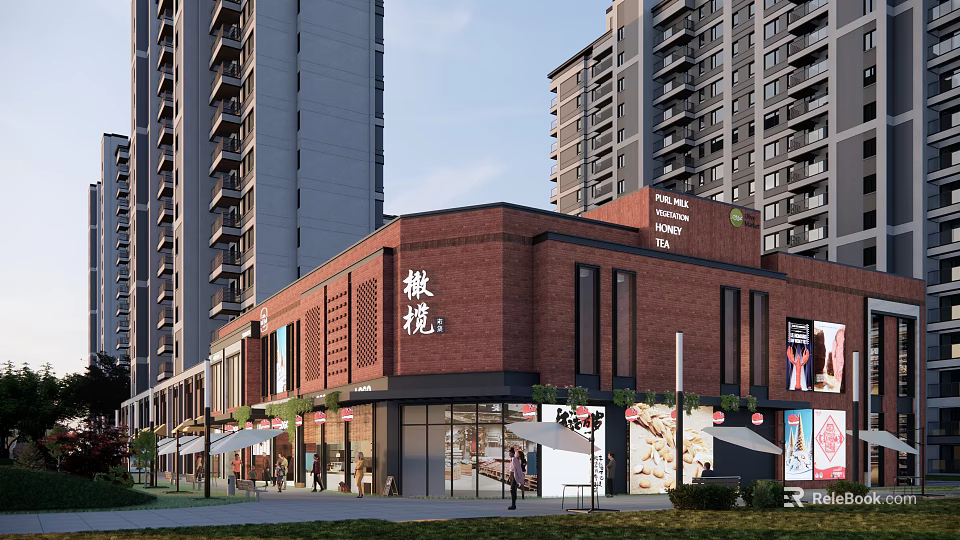 Red Brick Commercial Building With Glass Windows And Outdoor Umbrellas Near Tall Buildings 3d model 
