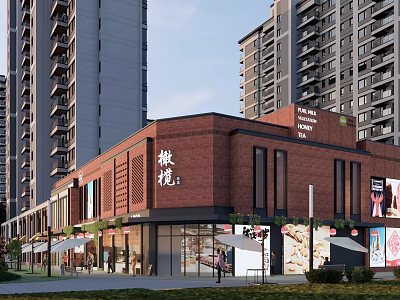 Red Brick Commercial Building With Glass Windows And Outdoor Umbrellas Near Tall Buildings 3d model