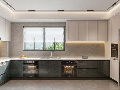 Modern Kitchen Interior With White Upper Dark Lower Cabinets Window Blinds And Light Countertop 3d model