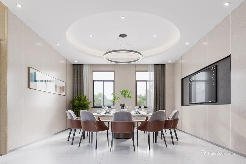 Modern Private Dining Room With Round Table And Large Windows 3d model