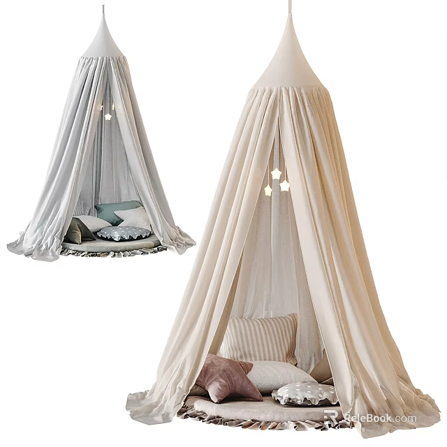 Hanging Indoor Tents Light Gray And Beige With Soft Pillows Blankets And Small Lights 3d model 