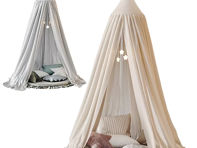 Hanging Indoor Tents Light Gray And Beige With Soft Pillows Blankets And Small Lights 3d model
