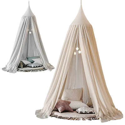 Hanging Indoor Tents Light Gray And Beige With Soft Pillows Blankets And Small Lights 3d model