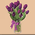 Transparent Glass Vase with Purple Tulips Green Leaves and Purple Ribbon Bow