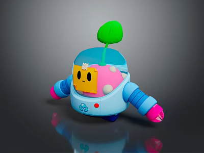 Adorable Colorful Robot Character With Green Leaf And Smiling Pink Head 3d model