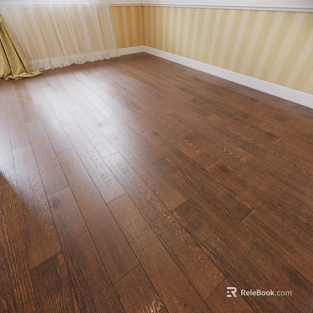 Warm Brown Wooden Flooring in Living Space with Light Striped Walls and Golden Curtains 3d model 