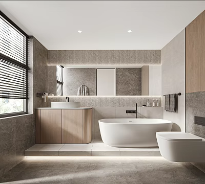 Modern Bathroom Interior With White Bathtub Wooden Vanity Large Mirror Stone Tiles And Recessed Lighting 3d model