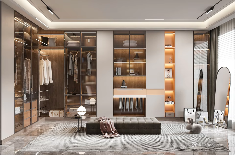 Modern Walk in Closet With Glass Door Cabinets Wooden Shelves Lighting And Bench 3d model 