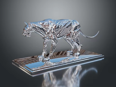 Silver Walking Leopard Sculpture With Reflective Base And Shiny Detailed Surface 3d model