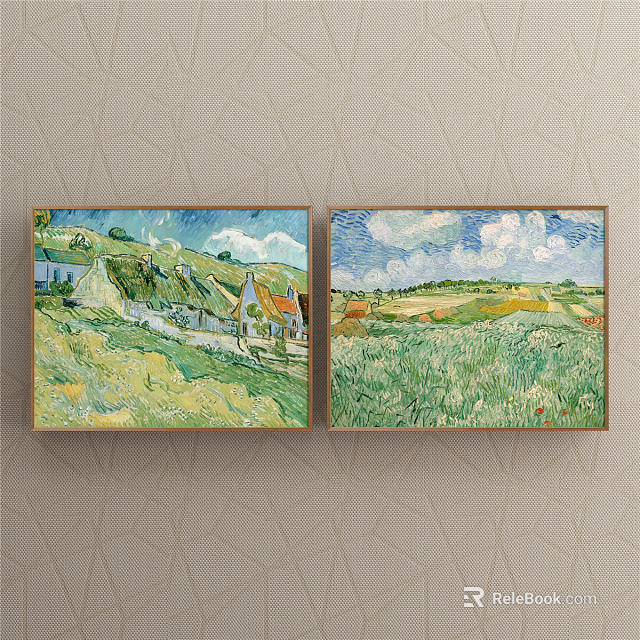 Two Landscape Paintings Featuring Green Fields Rural Houses Blue Sky And Clouds 3d model 
