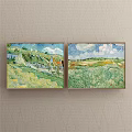 Two Landscape Paintings Featuring Green Fields Rural Houses Blue Sky And Clouds