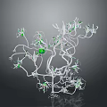 Botanical Structure With White Branches Green Particles And Large Green Sphere On Gray Background