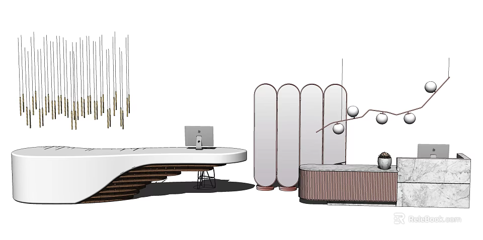 Modern Reception Desk Interior Design With Curved Screen And Metallic Pendant Lights 3d model 