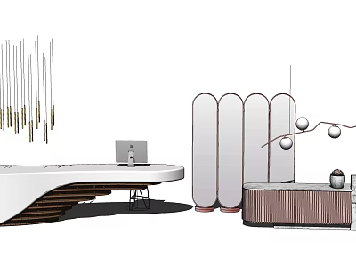 Modern Reception Desk Interior Design With Curved Screen And Metallic Pendant Lights 3d model