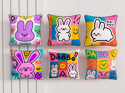 Colorful Rabbit Pattern Decorative Pillows With Smiley Faces And DABBO Text Design 3d model
