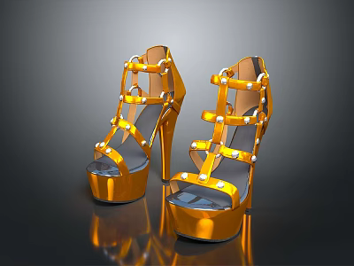 Elegant Golden Strappy Studded High Heels With Platform Sole Fashion Design 3d model