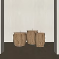 Three Wooden Candle Holders With Lit Candles On Light Colored Wall And Wooden Floor