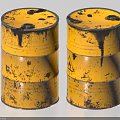 Two Yellow Industrial Oil Drums With Black Stains And Worn Surface