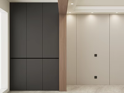 Modern Home Balcony With Dark Storage Cabinets And Wooden Accents Light-Colored Walls Minimalist Design 3d model