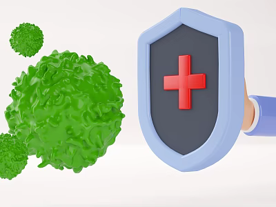 Blue Shield with Red Cross Protecting Against Green Virus Cells 3d model
