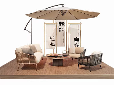 Outdoor Wicker Sofa with Matching Chairs Coffee Table and Umbrella on Wooden Deck 3d model