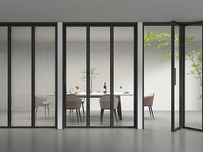 Glass Folding Doors in Modern Indoor Dining Space with Dining Table Chairs and Plant 3d model