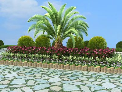 Stone Paved Roadside Facility With Palm Tree Green Shrubs Purple Flowers And Wooden Border 3d model